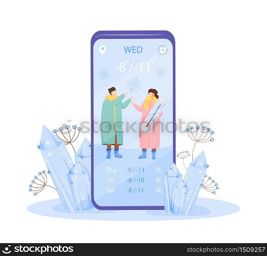 Cold weather cartoon smartphone vector app screen. Man and woman in coat under snowfall. Mobile phone display with flat character design mockup. Winter forecast application telephone interface