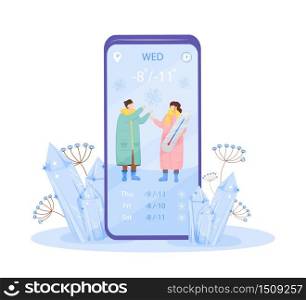 Cold weather cartoon smartphone vector app screen. Man and woman in coat under snowfall. Mobile phone display with flat character design mockup. Winter forecast application telephone interface
