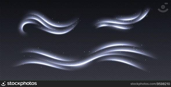 Cold wind with snow, air flow effect, winter freezing swirls, glowing light trails. Icy vapour overlay. Glowing twirls and swirls with stars. Abstract luminescent curves. Christmas vector decoration.. Cold wind with snow, air flow effect, winter freezing swirls, glowing light trails.