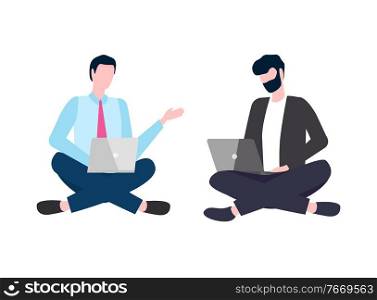 Collaboration and partnership vector, people working on project together, men dealing with business project, character with laptops talking and discussing. Business People, Man Working on Laptop Partner