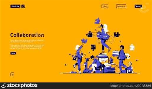 Collaboration and teamwork landing page. Concept of partnership, support and communication in business. Vector flat illustration with people assembling jigsaw with puzzle pieces together. Collaboration and teamwork landing page