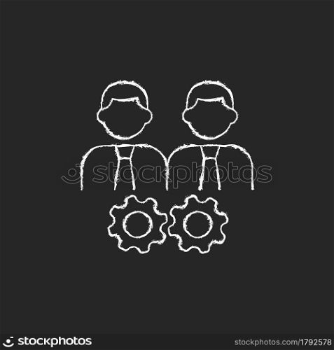 Collaboration chalk white icon on dark background. Two men and gears. Achieve goal together. Group members interacting. Coworkers participation. Isolated vector chalkboard illustration on black. Collaboration chalk white icon on dark background