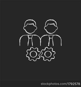 Collaboration chalk white icon on dark background. Two men and gears. Achieve goal together. Group members interacting. Coworkers participation. Isolated vector chalkboard illustration on black. Collaboration chalk white icon on dark background