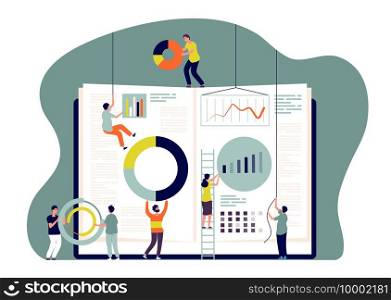 Collaboration concept. People insert charts into book, employees build business metrics. Cooperate and learn together vector image. Illustration business people teamwork, together work team. Collaboration concept. People insert charts into book, employees build business metrics. Cooperate and learn together vector image