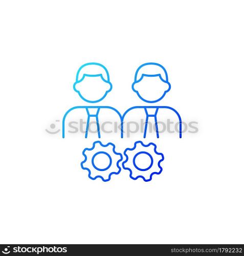 Collaboration gradient linear vector icon. Two men and gears. Achieve goal working together. Coworkers participation. Thin line color symbols. Modern style pictogram. Vector isolated outline drawing. Collaboration gradient linear vector icon