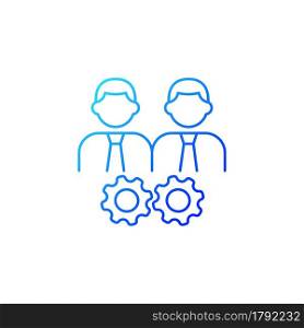 Collaboration gradient linear vector icon. Two men and gears. Achieve goal working together. Coworkers participation. Thin line color symbols. Modern style pictogram. Vector isolated outline drawing. Collaboration gradient linear vector icon