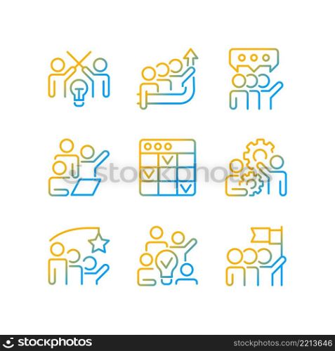 Collaboration gradient linear vector icons set. Partnership for cooperating on process. Conflict management. Thin line contour symbol designs bundle. Isolated outline illustrations collection. Collaboration gradient linear vector icons set