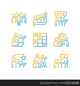 Collaboration gradient linear vector icons set. Partnership for cooperating on process. Conflict management. Thin line contour symbol designs bundle. Isolated outline illustrations collection. Collaboration gradient linear vector icons set