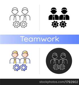 Collaboration icon. Two men and gears. Achieve goal working together. Group members interacting. Coworkers participation. Linear black and RGB color styles. Isolated vector illustrations. Collaboration icon