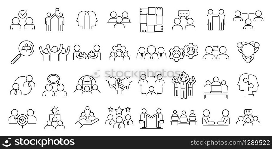 Collaboration icons set. Outline set of collaboration vector icons for web design isolated on white background. Collaboration icons set, outline style