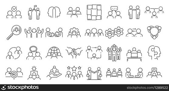 Collaboration icons set. Outline set of collaboration vector icons for web design isolated on white background. Collaboration icons set, outline style