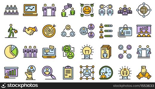 Collaboration icons set. Outline set of collaboration vector icons thin line color flat on white. Collaboration icons vector flat