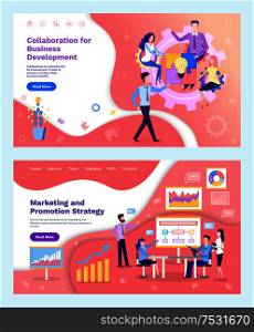 Collaboration idea, marketing and promotion strategy vector. People planning steps, charts information in visual representation. Conference of workers. Collaboration Idea, Marketing Promotion Strategy