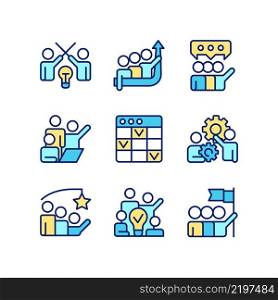Collaboration pixel perfect RGB color icons set. Partnership for cooperating on process. Conflict management. Isolated vector illustrations. Simple filled line drawings collection. Editable stroke. Collaboration pixel perfect RGB color icons set