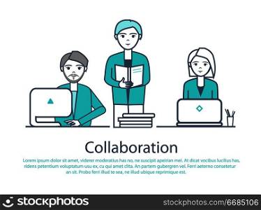 Collaboration smart people with laptops and documentation vector. Teamwork of males and female, workers analyzing data and give information on pages. Collaboration Smart People with Laptops Vector