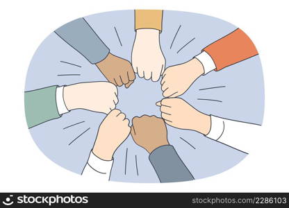 Collaboration teamwork and unity concept. Top view of diverse multi racial group of people pulling fists together in circle meaning togetherness and tolerance vector illustration . Collaboration teamwork and unity concept