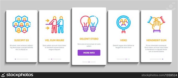 Collaboration Work Onboarding Mobile App Page Screen Vector. Human And Brain Collaboration, Worker Research And Handshake, Cooperation And Organization Color Contour Illustrations. Collaboration Work Onboarding Elements Icons Set Vector