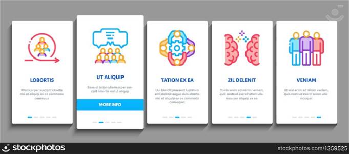Collaboration Work Onboarding Mobile App Page Screen Vector. Human And Brain Collaboration, Worker Research And Handshake, Cooperation And Organization Color Contour Illustrations. Collaboration Work Onboarding Elements Icons Set Vector