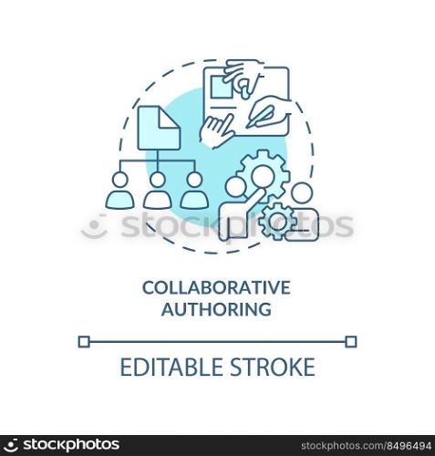 Collaborative authoring turquoise concept icon. LCMS characteristic abstract idea thin line illustration. Cooperation. Isolated outline drawing. Editable stroke. Arial, Myriad Pro-Bold fonts used. Collaborative authoring turquoise concept icon