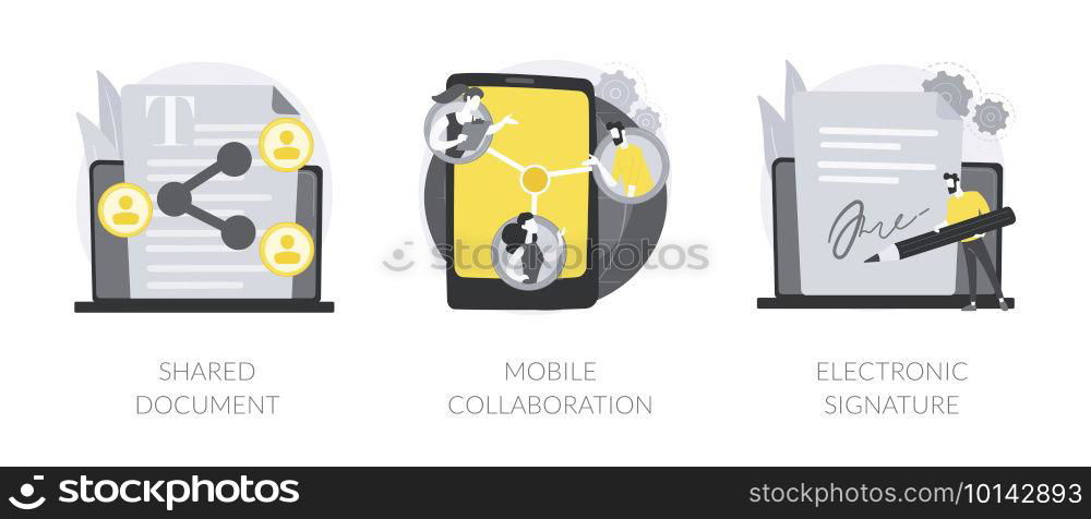 Collaborative document abstract concept vector illustration set. Shared document, mobile collaboration, electronic signature, public folder access, editing online, cloud service abstract metaphor.. Collaborative document abstract concept vector illustrations.