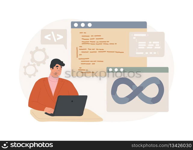Collaborative framework isolated cartoon vector illustrations. Man programming and coding, DevSecOps system, IT technology, security and operations, collaborative framework idea vector cartoon.. Collaborative framework isolated cartoon vector illustrations.