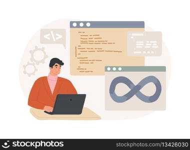 Collaborative framework isolated cartoon vector illustrations. Man programming and coding, DevSecOps system, IT technology, security and operations, collaborative framework idea vector cartoon.. Collaborative framework isolated cartoon vector illustrations.