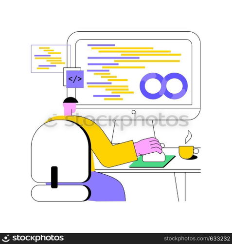 Collaborative framework isolated cartoon vector illustrations. Man programming and coding, DevSecOps system, IT technology, security and operations, collaborative framework idea vector cartoon.. Collaborative framework isolated cartoon vector illustrations.
