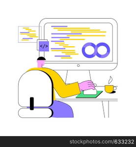 Collaborative framework isolated cartoon vector illustrations. Man programming and coding, DevSecOps system, IT technology, security and operations, collaborative framework idea vector cartoon.. Collaborative framework isolated cartoon vector illustrations.