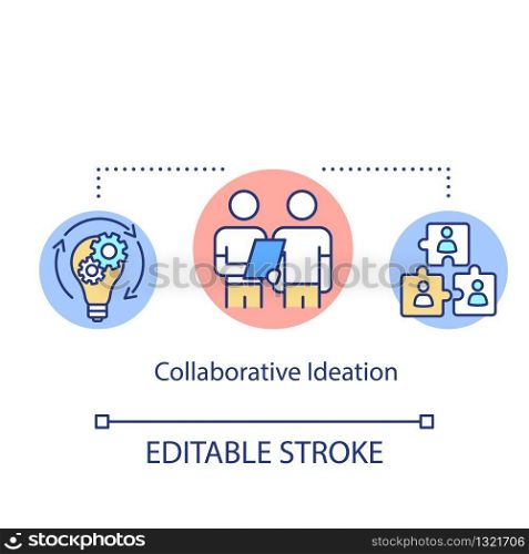 Collaborative ideation concept icon. Teamwork, partnership, cooperation idea thin line illustration. Brainstorming, idea generation. Vector isolated outline RGB color drawing. Editable stroke