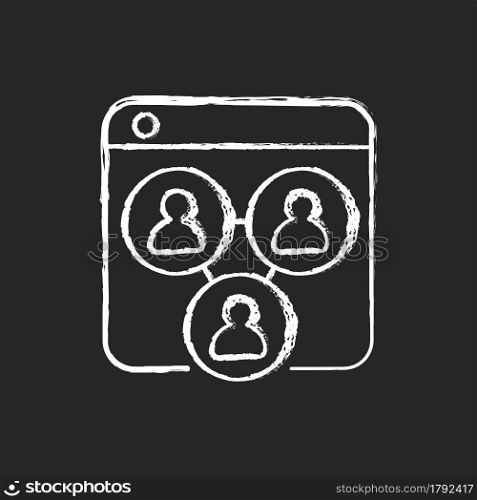 Collaborative platforms chalk white icon on dark background. Sharing ideas and concepts with colleagues. Virtual workspace. Group chat for team. Isolated vector chalkboard illustration on black. Collaborative platforms chalk white icon on dark background