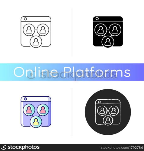 Collaborative platforms icon. Sharing ideas and concepts with colleagues. Virtual workspace. Video conferencing. Group chat for team. Linear black and RGB color styles. Isolated vector illustrations. Collaborative platforms icon