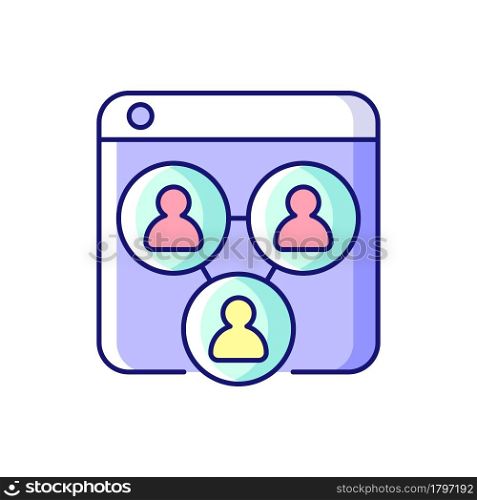 Collaborative platforms RGB color icon. Sharing ideas and concepts with colleagues. Virtual workspace. Video conferencing. Group chat for team. Isolated vector illustration. Simple filled line drawing. Collaborative platforms RGB color icon