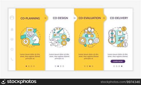 Collaborative production elements onboarding vector template. Co-planning. Co-evaluation. Co-design. Responsive mobile website with icons. Webpage walkthrough step screens. RGB color concept. Collaborative production elements onboarding vector template