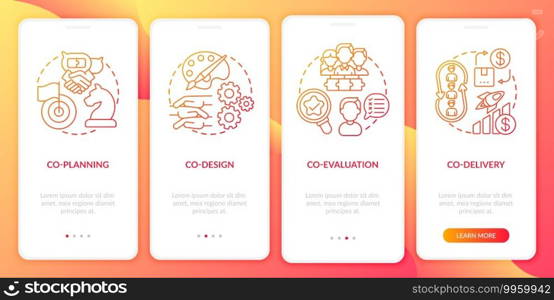 Collaborative production onboarding mobile app page screen with concepts. Co-delivery, co-evaluation walkthrough 4 steps graphic instructions. UI vector template with RGB color illustrations. Collaborative production onboarding mobile app page screen with concepts