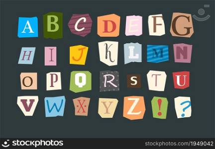 Collage alphabet. Sliced letters various funny style font for flyer or anonymous notes vector colored punk alphabet. Illustration alphabet collage, typography letter font. Collage alphabet. Sliced letters various funny style font for flyer or anonymous notes vector colored punk alphabet