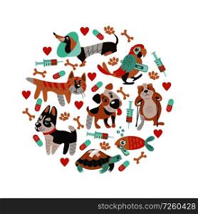 Collage in the shape of a circle. Cute sick animals with broken legs and fever. In a cartoon style. Cute template for veterinary clinics, veterinary pharmacies and animal shelters.. Veterinary care. Vector template flyer veterinary clinic.