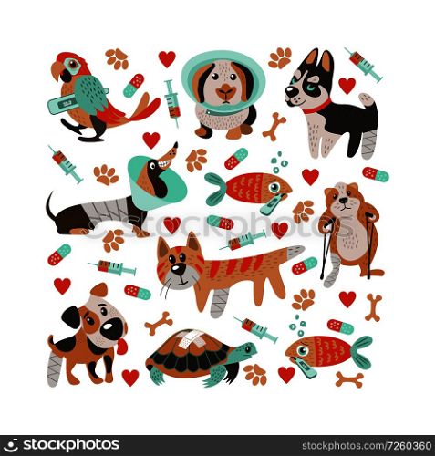 Collage in the shape of a square. Cute sick animals with broken legs and fever. In a cartoon style. Cute template for veterinary clinics, veterinary pharmacies and animal shelters.. Veterinary care. Vector template flyer veterinary clinic.