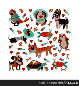 Collage in the shape of a square. Cute sick animals with broken legs and fever. In a cartoon style. Cute template for veterinary clinics, veterinary pharmacies and animal shelters.. Veterinary care. Vector template flyer veterinary clinic.