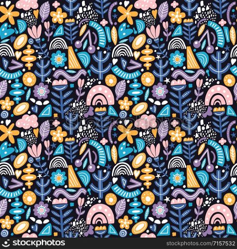 Collage style seamless repeat pattern with abstract and organic shapes.. Collage style seamless pattern with abstract and organic shapes in pastel color on dark. Modern and original textile, wrapping paper, wall art design.
