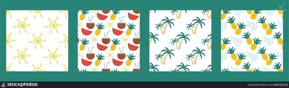 Collage summer seamless pattern set. Background with sun, palm trees, fruits. Exotic tropical print, holiday and vacation template collection, vector illustration. Collage summer seamless pattern set