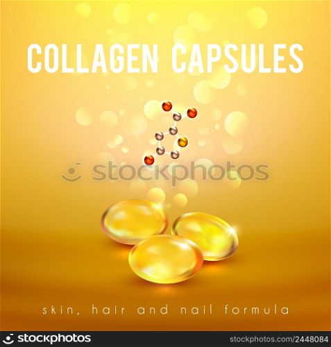 Collagen capsules for strong long hair and nails supplement formula advertisement golden background poster abstract vector illustration . Collagen Formula Capsules Golden Background POster