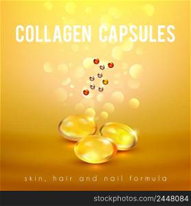 Collagen capsules for strong long hair and nails supplement formula advertisement golden background poster abstract vector illustration . Collagen Formula Capsules Golden Background POster