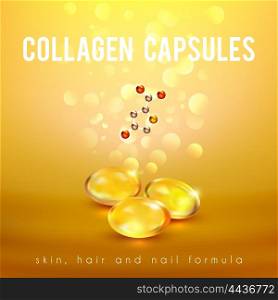 Collagen Formula Capsules Golden Background POster. Collagen capsules for strong long hair and nails supplement formula advertisement golden background poster abstract vector illustration