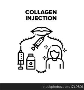 Collagen Injection For Beauty Vector Icon Concept. Syringe And Vaccine Bottle For Receiving Hyaluronic Acid Collagen Injection Woman Lips Or Face. Spa Salon Treatment Black Illustration. Collagen Injection For Beauty Vector Black Illustrations