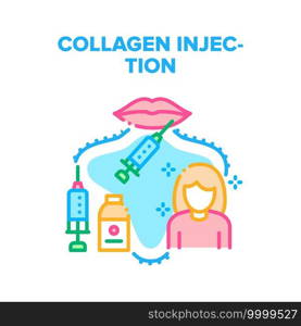 Collagen Injection For Beauty Vector Icon Concept. Syringe And Vaccine Bottle For Receiving Hyaluronic Acid Collagen Injection Woman Lips Or Face. Spa Salon Treatment Color Illustration. Collagen Injection For Beauty Vector Concept Color