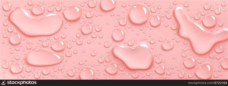 Collagen or water drops on pink background, beauty product, moisture, skincare spill puddles top view, scatter aqua liquid splashes. Skin care cosmetic hydration spots Realistic 3d vector Illustration. Collagen or water drops on pink background, beauty