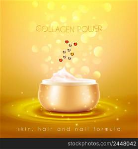 Collagen power moisturizing face skin cream with anti-aging effect advertisement with golden background poster vector illustration . Collagen Skin Cream Golden Background Poster