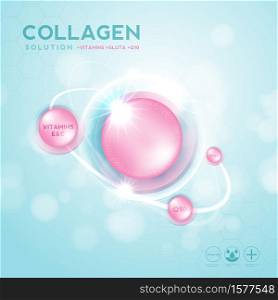 Collagen serum and vitamin, hyaluronic acid skin solutions with cosmetic advertising background ready to use. Illustration vector.