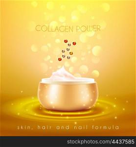 Collagen Skin Cream Golden Background Poster. Collagen power moisturizing face skin cream with anti-aging effect advertisement with golden background poster vector illustration