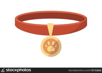 Collar with medal for cats and dogs. Cartoon pets red necklace and golden tag. Isolated kittens or puppies accessory mockup. Metal badge with animal footprint. Vector canine leather belt template. Collar with medal for cats and dogs. Cartoon pets red necklace and golden tag. Isolated kittens or puppies accessory. Metal badge with animal footprint. Vector canine belt template